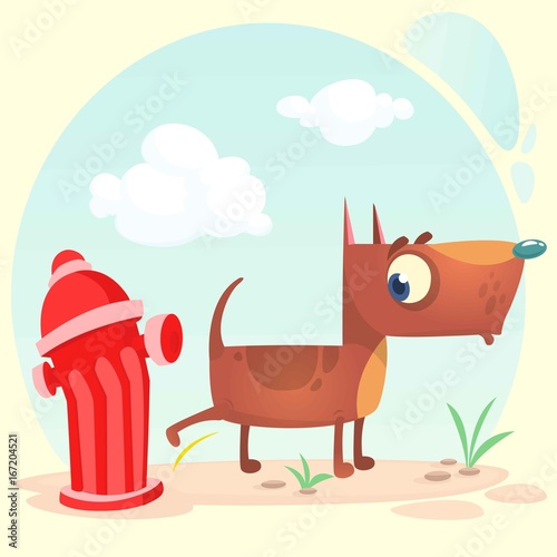 Cartoon funny brown pitbull dog pees on hydrant. Vector illustration
