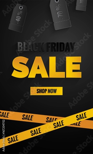 Black friday sale black and yellow banner.Sale poster with price tags and yellow caution tape. Vector illustration.