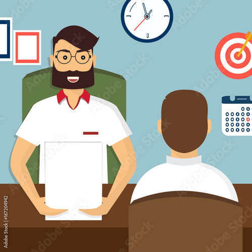 HR recruitment. Interview with the candidate positions. Job interview concept. Vector illustration, flat cartoon style. Business human resources