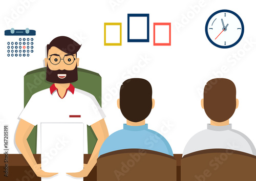 HR recruitment. Interview with the candidate positions. Job interview concept. Vector illustration, flat cartoon style. Business human resources