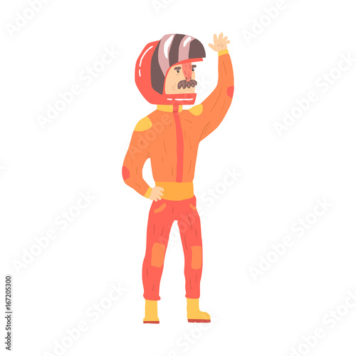Car racing driver man in an orange uniform greeting fans, racing participant vector Illustration