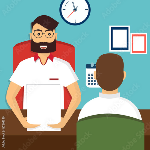 HR recruitment. Interview with the candidate positions. Job interview concept. Vector illustration, flat cartoon style. Business human resources
