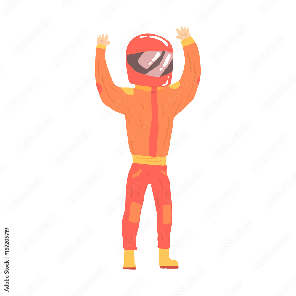 Car racing driver man in an orange uniform and helmet greeting fans, racing participant vector Illustration Car racing driver man in an orange uniform and helmet greeting fans, racing participant vector Illustration