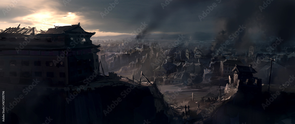 Plakat Zniszczone miasto, cyfrowy obraz.