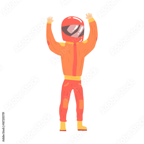 Car racing driver man in an orange uniform and helmet greeting fans, racing participant vector Illustration