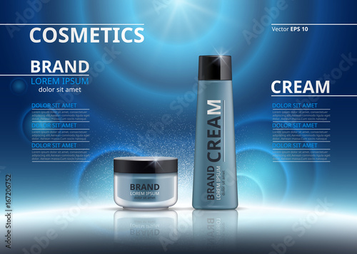 Cosmetic realistic package ads template. Hydrating face mask and body cream products in blue bottles. Mockup 3D illustration. Sparkling background