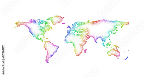 Rainbow sketch world map design from multicolored curved lines