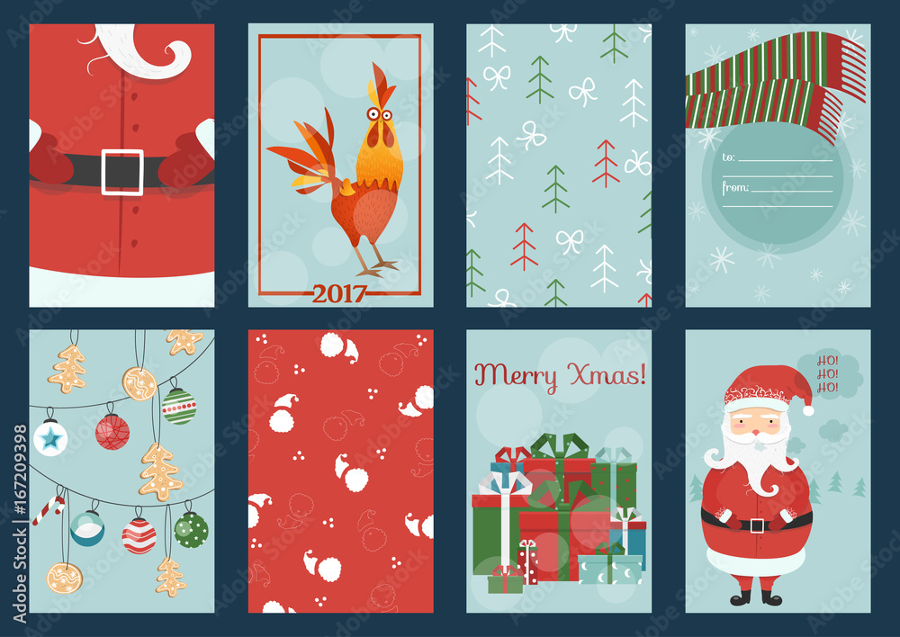 Merry Christmas greeting card, santa, deer, Xmas decoration, retro designs. Holiday themed patterns. Vector