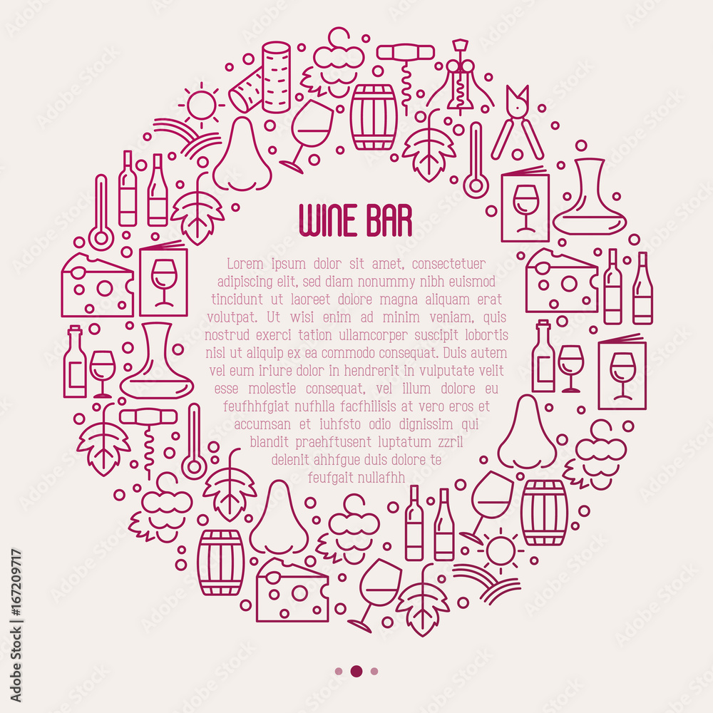 Wine bar concept in circle for restaurant menu of natural alcohol drinks. Vector illustration with thin line icons related with wine making and winery.