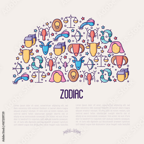 Zodiac signs concept in half circle with thin line icons for banner with horoscope, web site or background. Vector illustration.