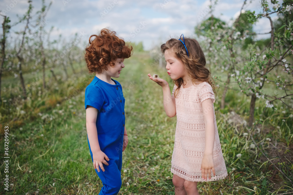 Fototapeta premium little boy and girl in blooming garden
