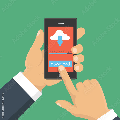 File download concept button on smartphone screen. Hand holds smartphone. Downloading document, infographics. Flat design