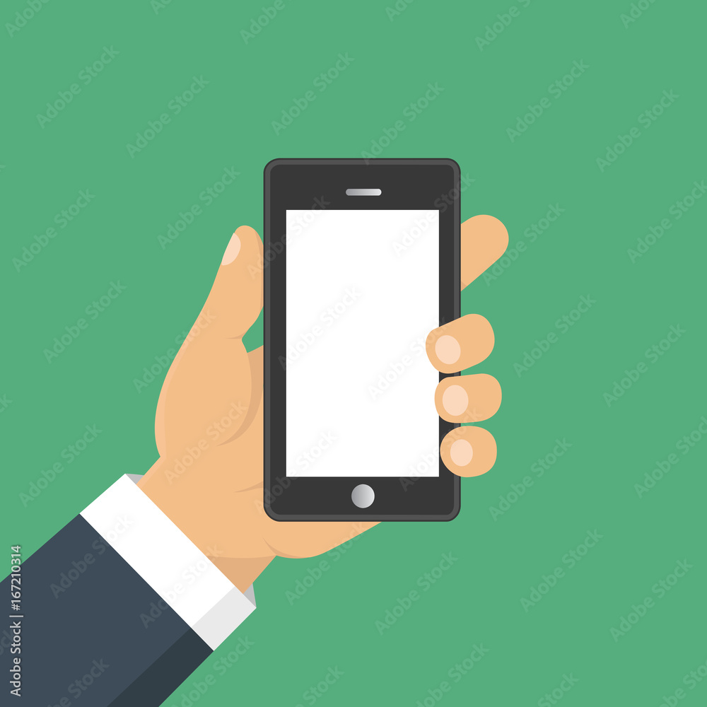 Hand holding smart phone. Business concept, flat design, vector Hand holding smart phone. Business concept, flat design, vector