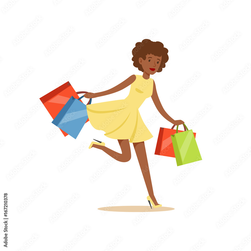 Young black beautiful woman running with a lot of shopping bags colorful character vector Illustration Young black beautiful woman running with a lot of shopping bags colorful character vector Illustration