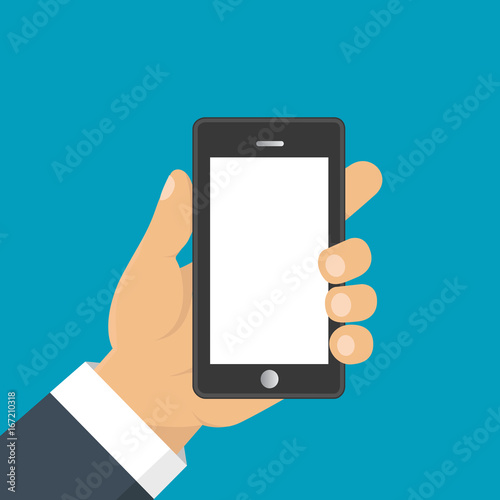 Hand holding smart phone. Business concept, flat design, vector