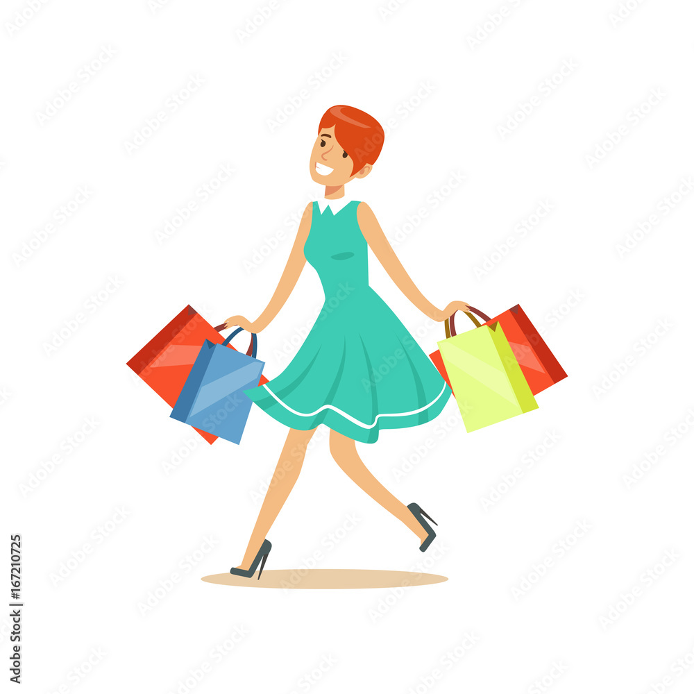 Young beautiful redhead woman in an elegant dress walking with shopping bags colorful character vector Illustration