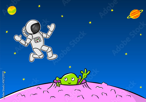 Grüner Außerirdischer winkt einem Astronaut zu