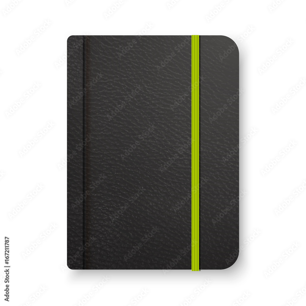 Realistic black notebook with green elastic band. Top view diary template. Closed diary. Vector notepad mockup. Realistic black notebook with green elastic band. Top view diary template. Closed diary. Vector notepad mockup.