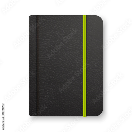 Realistic black notebook with green elastic band. Top view diary template. Closed diary. Vector notepad mockup.