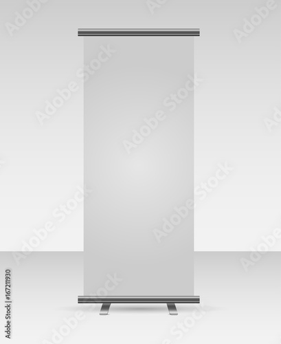 Roll up banner template isolated on grey background.  Vector illustration.