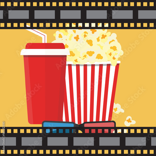 Vector illustration. Popcorn and drink. Film strip border. Cinema movie night icon in flat design style. Bright background.