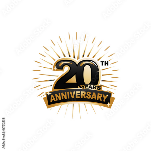 twenty years anniversary, gold badge, illustration design, isolated on white background. 