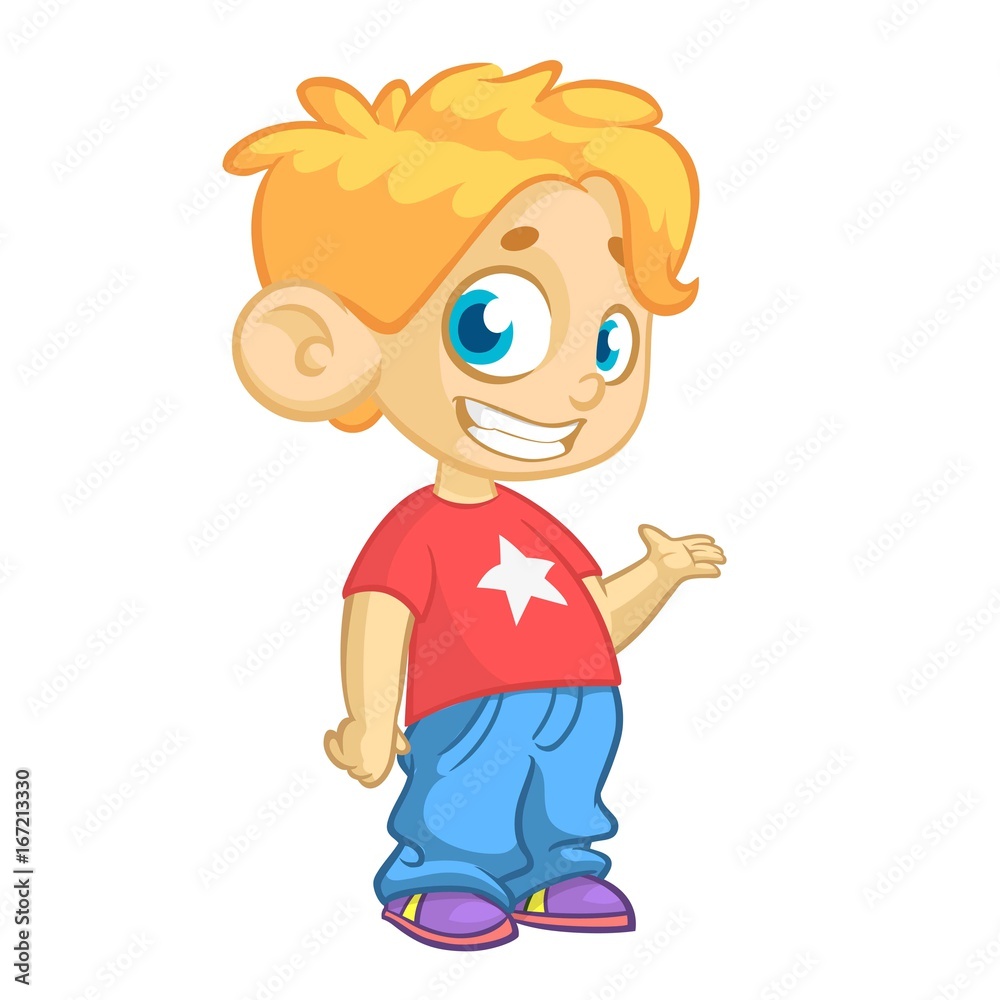 Cute blonde young boy waving and smiling. Vector cartoon illustration of a teenager in red t-shirt presenting. Icon Cute blonde young boy waving and smiling. Vector cartoon illustration of a teenager in red t-shirt presenting. Icon