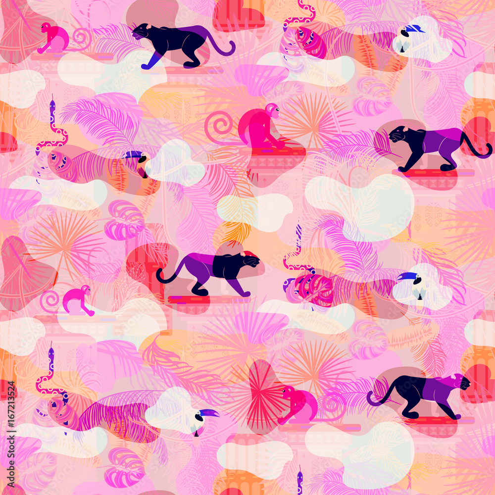 Pink eclectic rainforest wild animals and plants camo seamless pattern. Panther and monkey in the jungles.