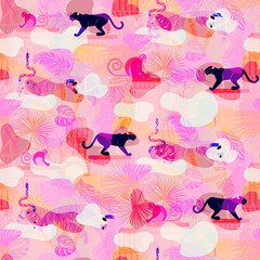 Fototapete Eklektische Muster Rosa Dschungelmuster mit Panther und Affe  © YoPixArt