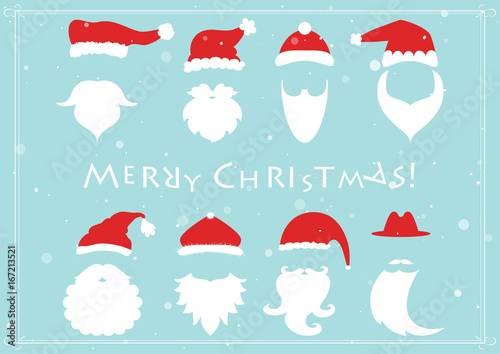 Vector. Santa hats, moustache and beards. Christmas elements for greeting design.