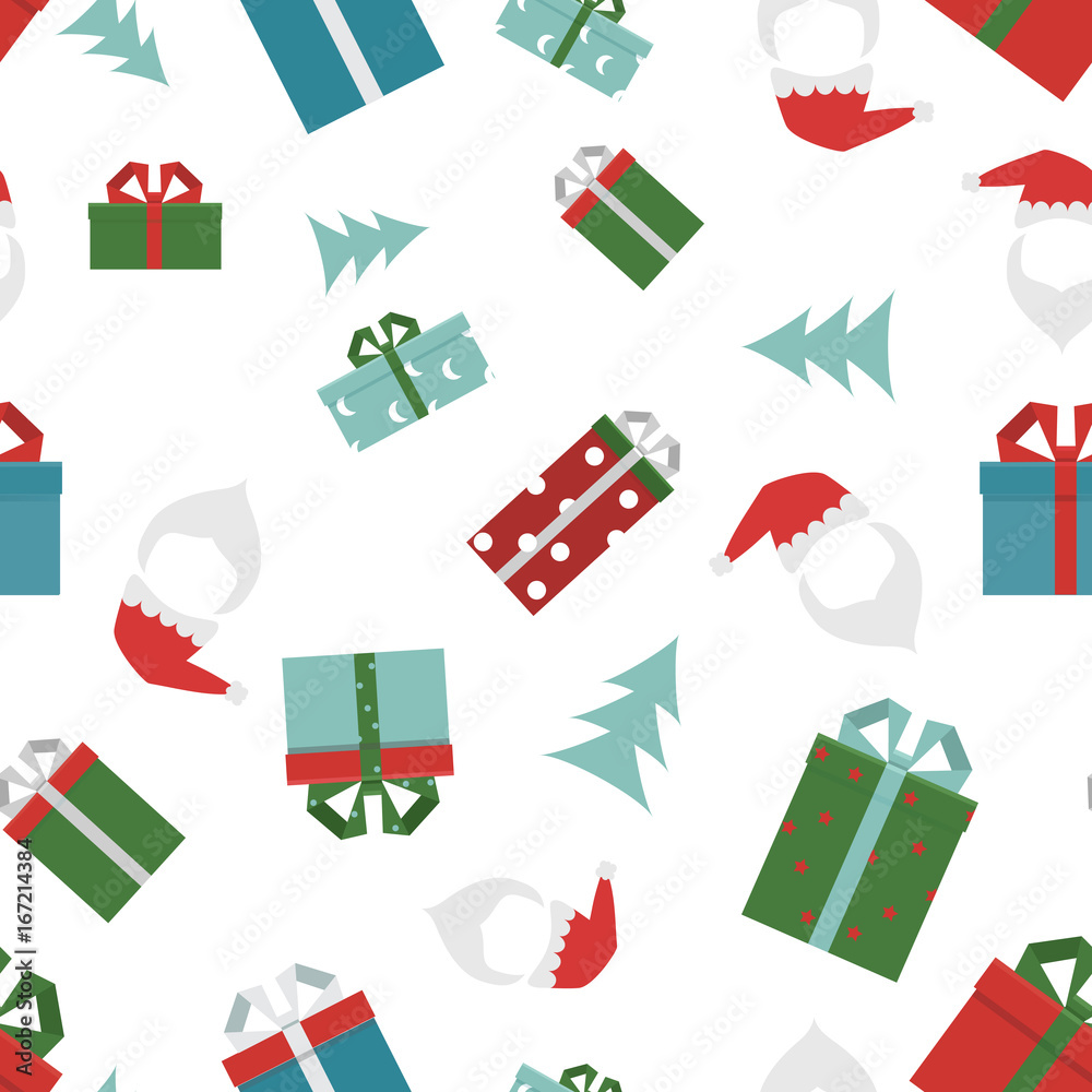 Seamless background pattern Christmas and New Year concept. Gifts boxes with ribbons. Cartoon Santa Claus with beard and hat, Christmas trees. Vector illustration