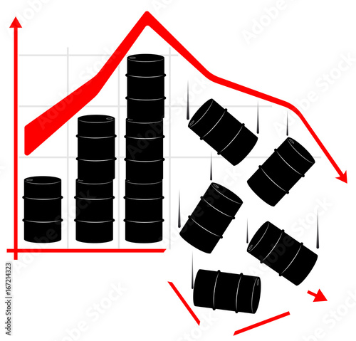 The fall in the price of oil. Graph and barrels. The cost decreases. The crisis of the economy.