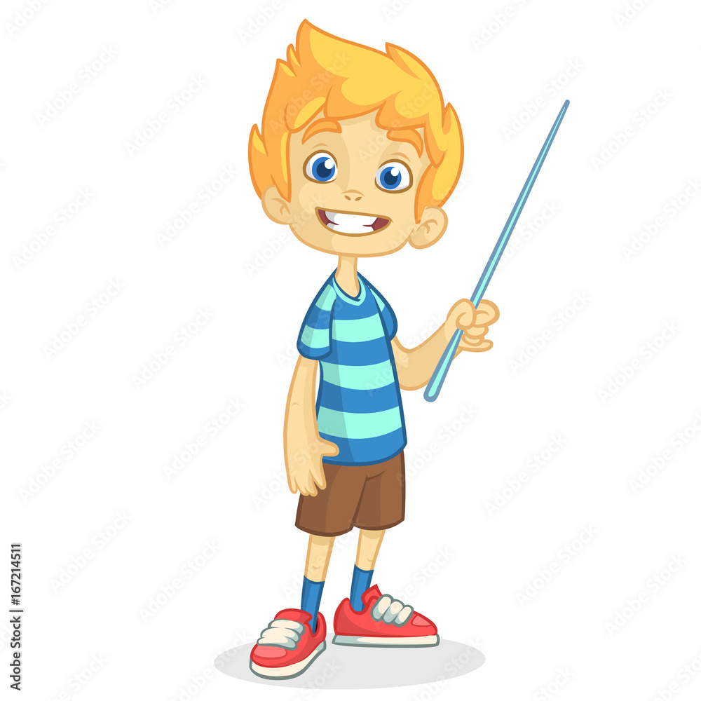 Cartoon little boy in shorts and striped t-shirt. Vector illustration of a funny make presentation with pointer Cartoon little boy in shorts and striped t-shirt. Vector illustration of a funny make presentation with pointer