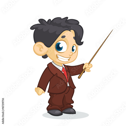 Cartoon little cute  boy character presenting with a pointer. Vector illustration of a small boy presenting. Presentation clip art