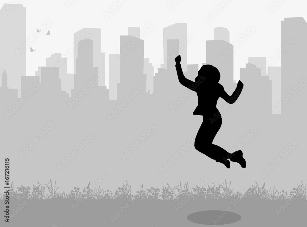 Naklejka premium Vector silhouette of a girl is happy against the background of the city