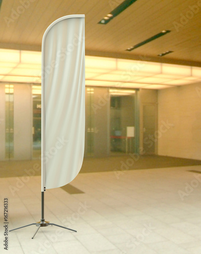 Foto Blank white convex feather flag outdoor advertising shield flag banner or vertical wind banner mock up template isolated in mall