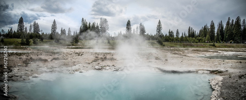 A landscape  hot spring and a forest of Yellowstone Park in a cloudy day.