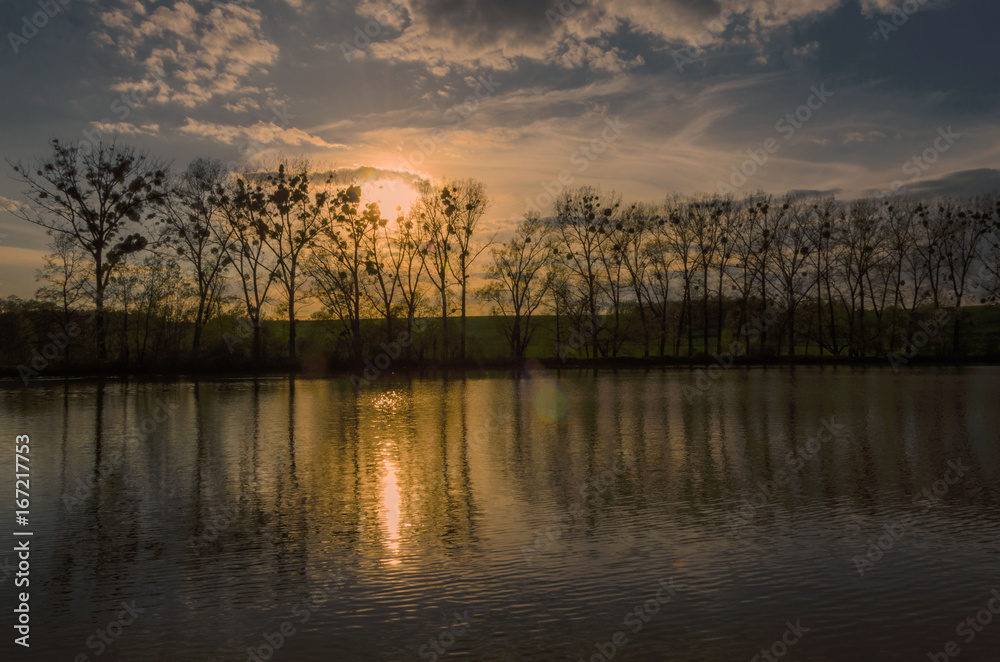 Fototapeta premium Sunset with trees and lake
