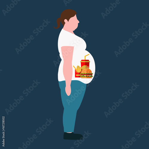 The concept of a healthy lifestyle and losing weight. Vector. A fat woman, and fast food.