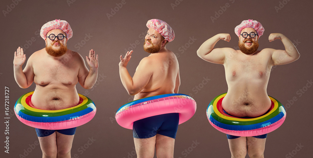 Collage fat funny man in a swimsuit with an inflatable circle. Stock Photo  | Adobe Stock