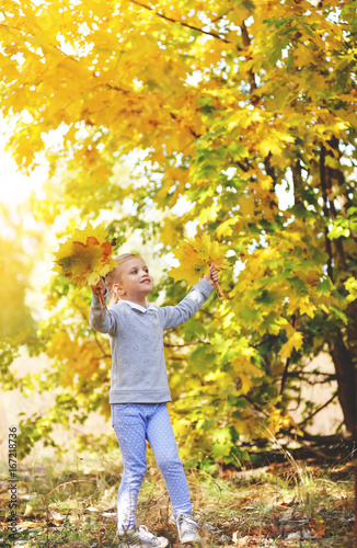 Little girl playing with yellow leaves in autumn park