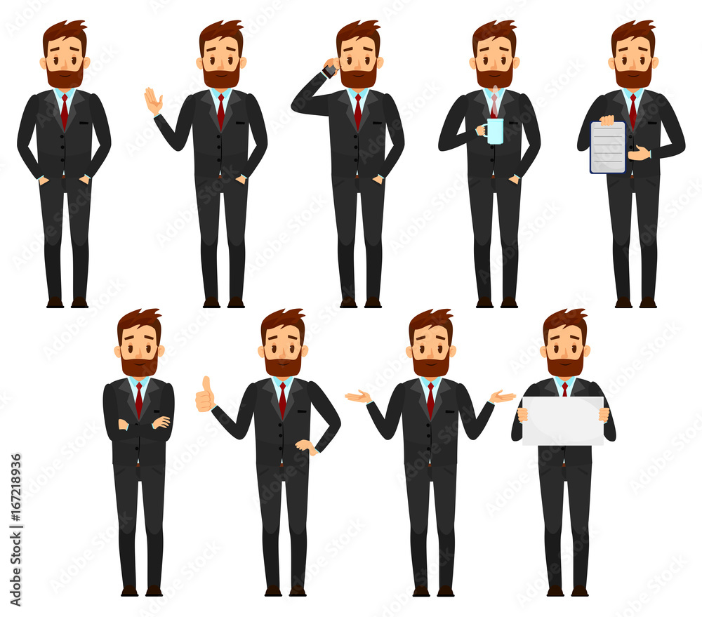 Set of Businessman character design. Male in suit cartoon vector illustration. Set of Businessman character design. Male in suit cartoon vector illustration.