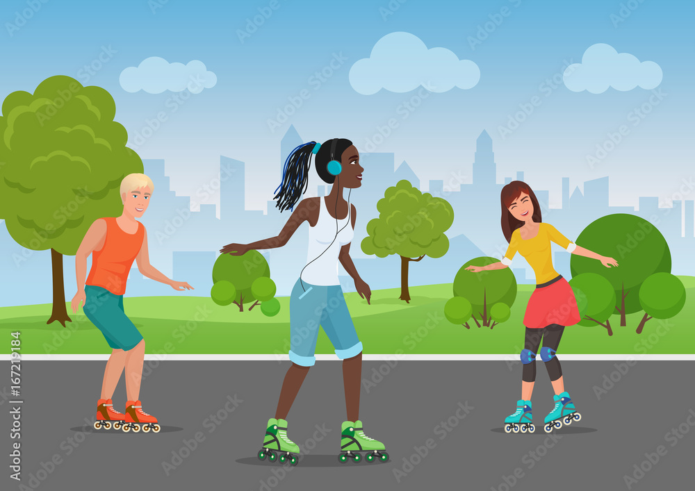 Vector illustration of happy people riding roller skates in the park. Vector illustration of happy people riding roller skates in the park.