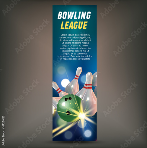 Bowling vertical banner with bowling champ club and leagues symbols realistic isolated