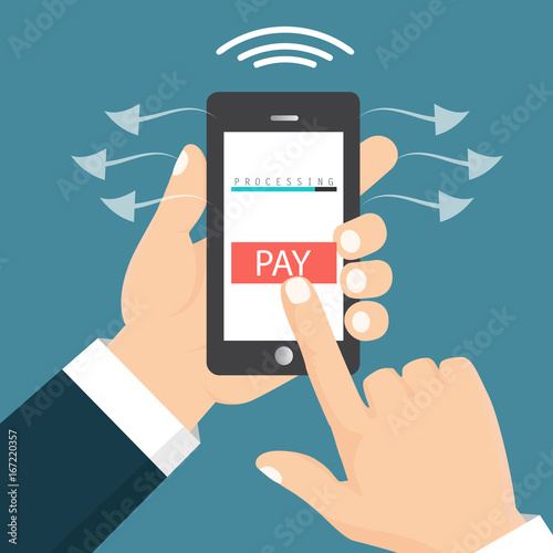 Mobile payment concept. Hand holding a phone. Smartphone wireless money transfer. Flat design. Vector illustration