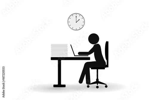 vector Illustration of tired man working on computer on gray background 