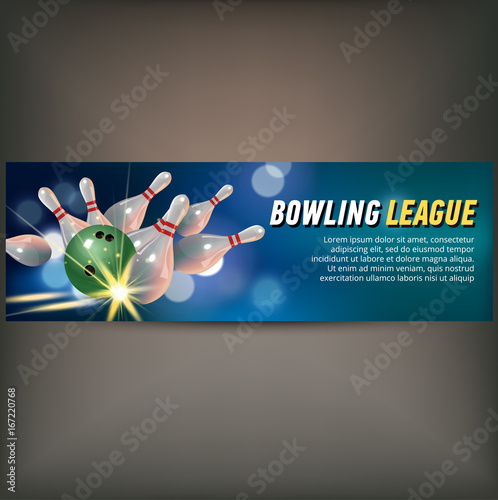 Bowling horizontal banner with bowling champ club and leagues symbols realistic isolated