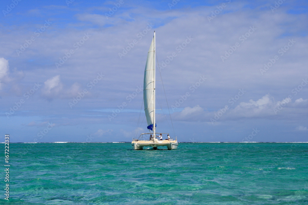 Naklejka premium White catamaran in tropical water at the shore of Mauritius