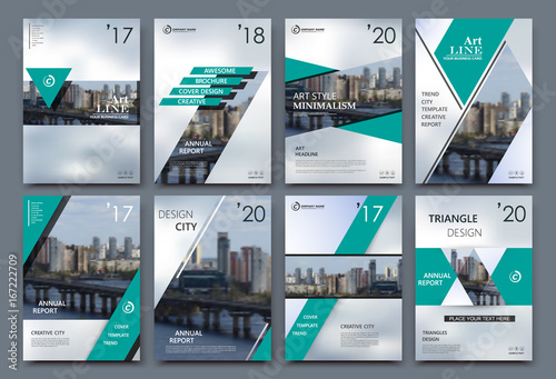 Abstract a4 brochure cover design. Template for banner, business card, title sheet model set, flyer, ad text font. Modern vector front page art with urban city river bridge. Lines, green figures icon