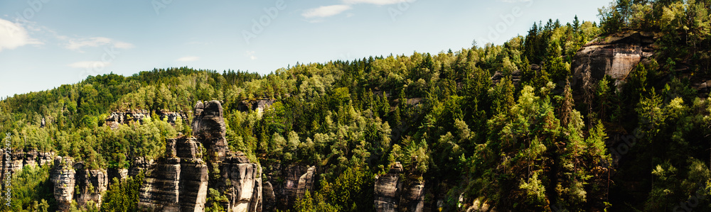 Bergpanorama der Sächsischen Schweiz mit Bewaldung im Sommer